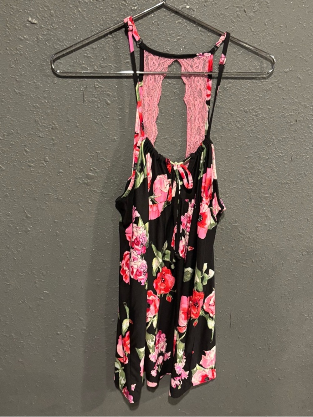 Secret Treasures Black Floral Lace-Back Nightgown with Pink Accents